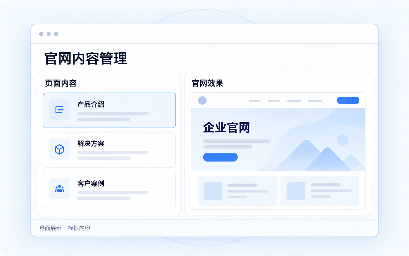官网内容管理与官网效果界面，内容为模拟展示